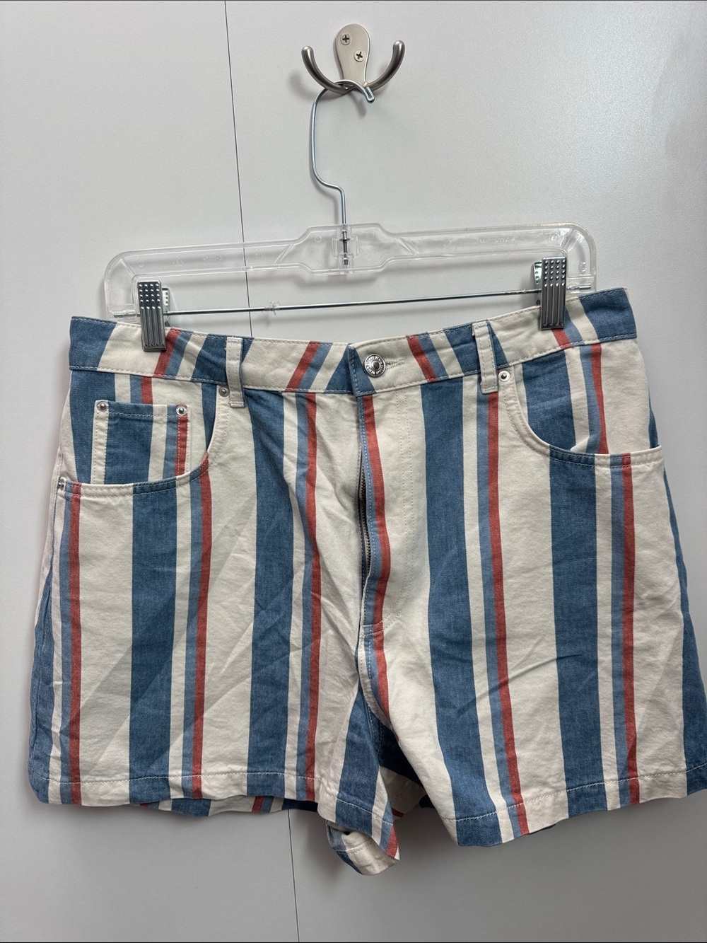 Sezane Striped Blue, Cream & Red High-Rise Jean Shorts